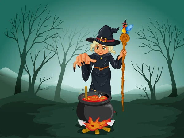 An ugly witch holding a cane — Stock Vector