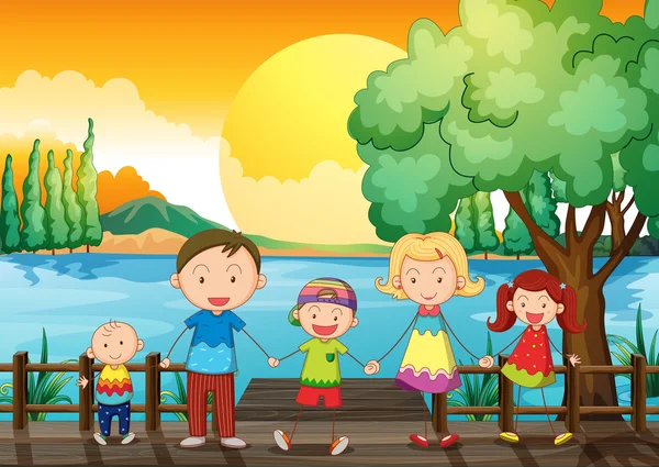 लकड़ी के पुल पर एक खुश परिवार — स्टॉक वेक्टर