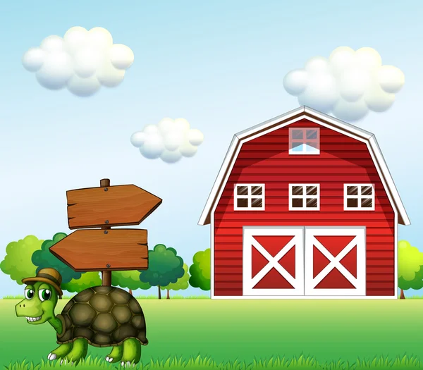 A turtle with a wooden arrow board and a barn at the back — Stock Vector