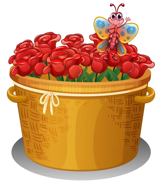 A basket of roses with a butterfly — Stock Vector