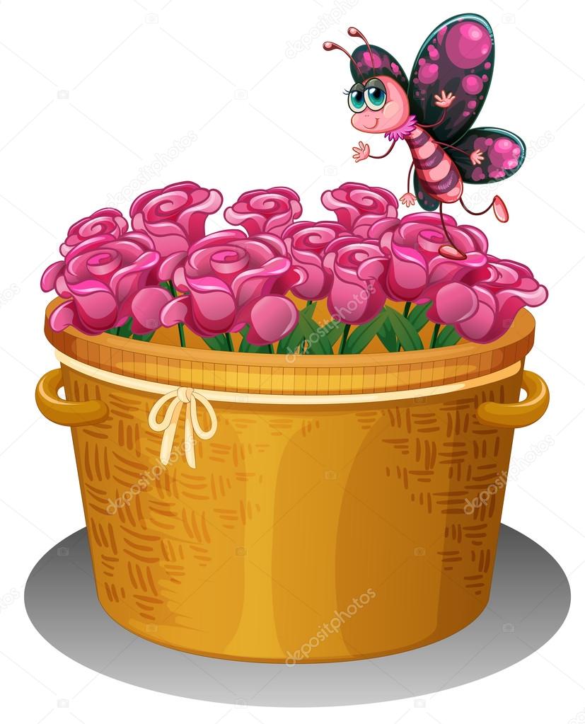 A basket of pink roses with a butterfly A basket of pink roses with a butterfly