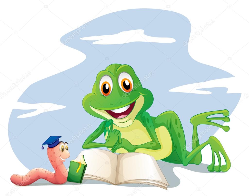 An earthworm and a frog reading