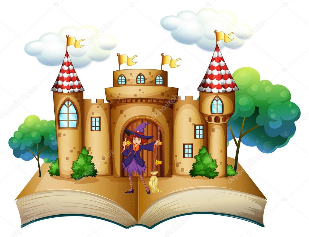 A storybook with a castle and a witch