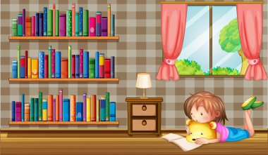 pembe perde ile bir pencere yakınında bir kitap okumak bir kız