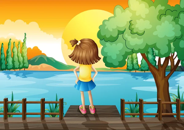 Ένα κορίτσι στέκεται θέα στον ποταμό — Διανυσματικό Αρχείο