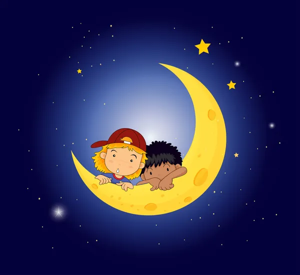 Una luna con due bambini — Vettoriale Stock