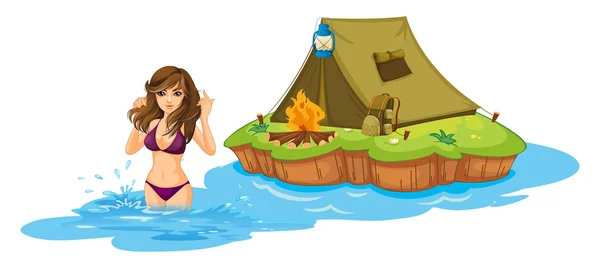 A sexy girl swimming near the island with a camping tent — Stock Vector