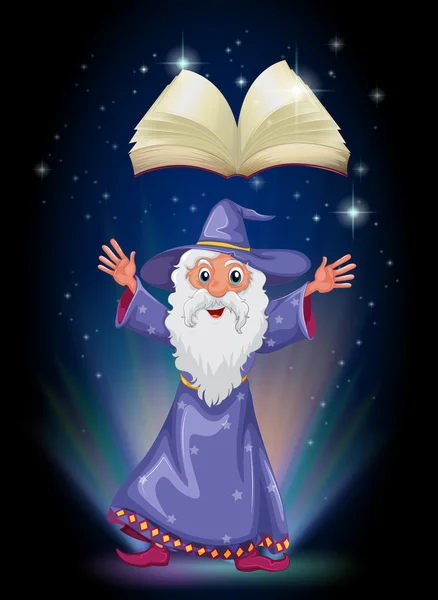 An old wizard below the floating empty book — Stock Vector