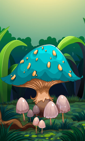 A giant mushroom surrounded with small mushrooms
