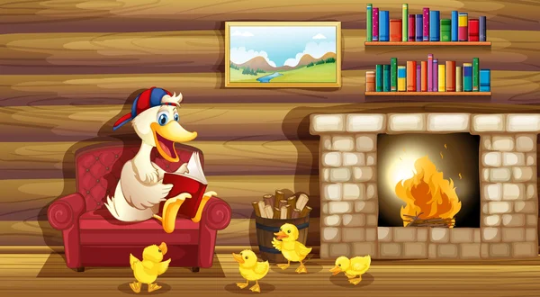 A duck and her ducklings near the fireplace — Stock Vector