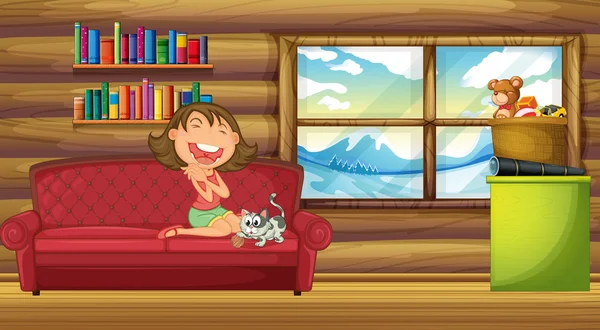 Uma menina e seu animal de estimação sentado no sofá dentro da casa — Vetor de Stock