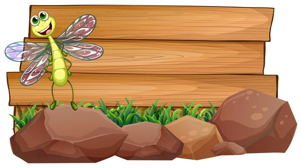 Uma libélula acima da rocha com uma placa de madeira vazia no — Vetor de Stock