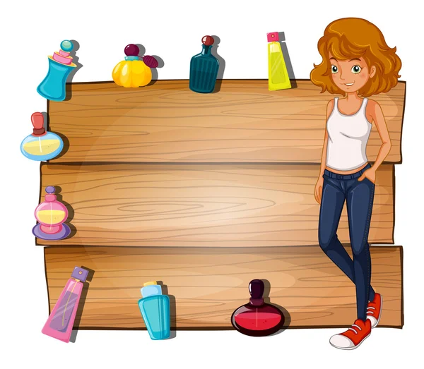 En flicka och de olika parfymer som omger den tomma signboar — Stock vektor