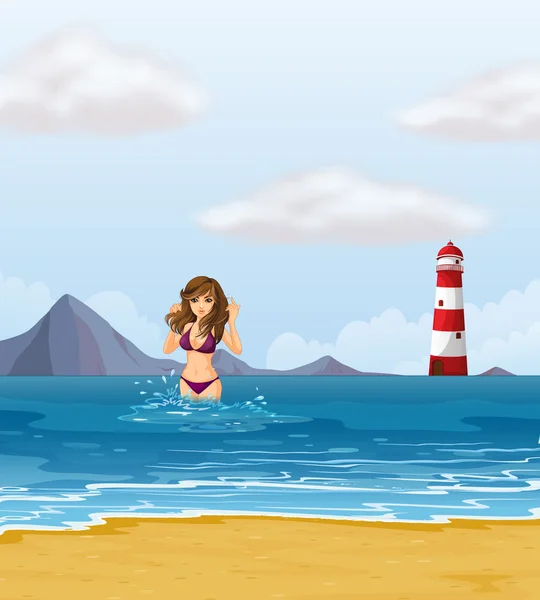Una playa con una dama en bikini morado — Archivo Imágenes Vectoriales
