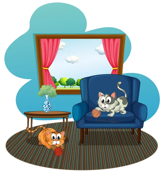 Two cats playing with the balls of yarn inside the house — Stock Vector