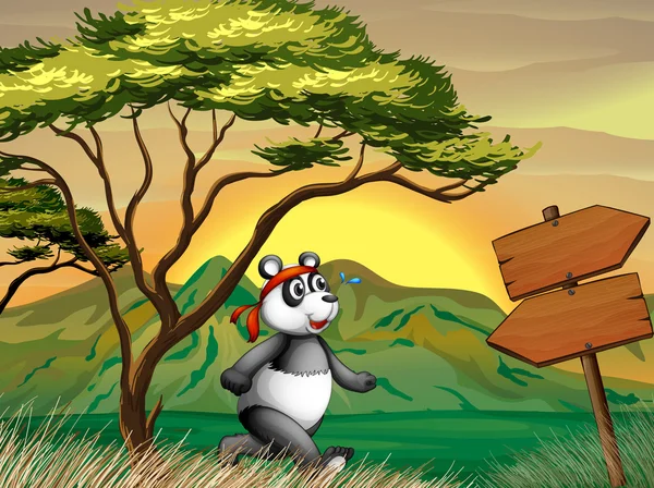 Un panda siguiendo la flecha de madera — Archivo Imágenes Vectoriales