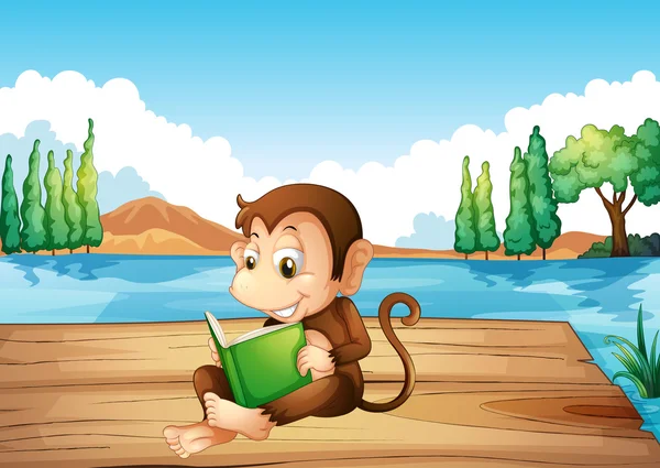 A monkey reading a book sitting at the port — Stock Vector