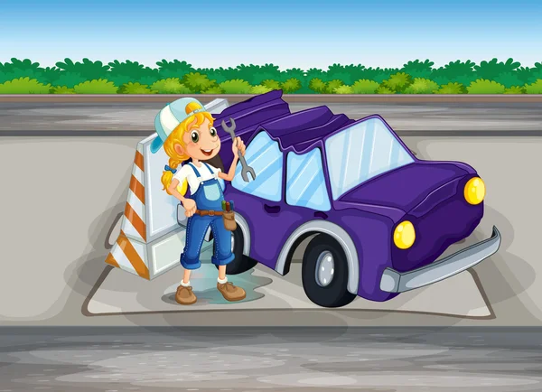 En flicka om fastställande av en lila bil — Stock vektor