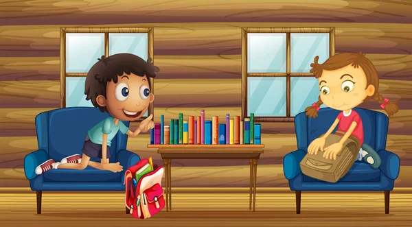 Een jongen en een meisje met hun schooltassen binnen het huis — Stockvector