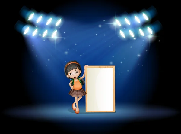 A stage with a young girl holding an empty signboard — Stock Vector