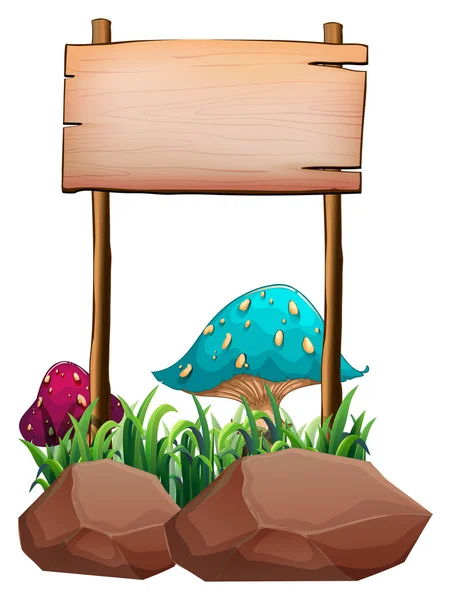 An empty wooden signboard near the big mushrooms and rocks — Stock Vector