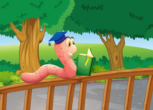 Červ čtení knihy nad dřevěný plot — Stockový vektor