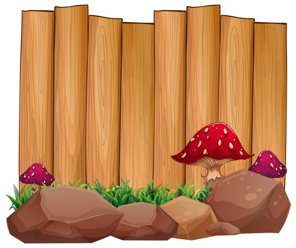 Uma sinalização vazia na parte de trás das rochas e cogumelos — Vetor de Stock