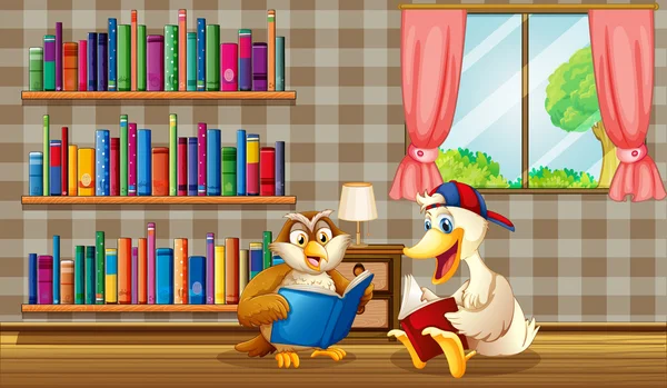 An owl and a duck reading inside the house — Stock Vector