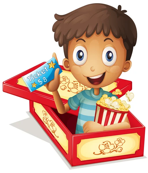 A boy inside the box holding a popcorn and a ticket — Stock Vector
