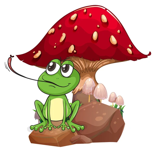 A frog catching a fly near the giant mushroom — Stock Vector