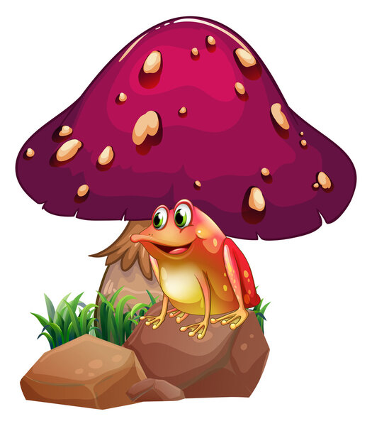 A frog below the giant mushroom