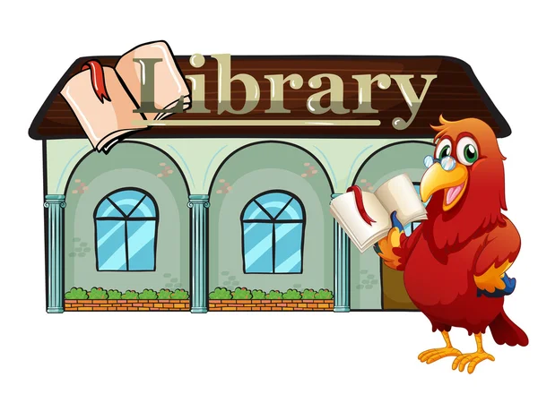 A parrot holding a book outside the library — Stock Vector