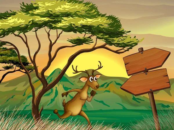 Ein Hirsch folgt dem hölzernen Pfeilschild — Stockvektor