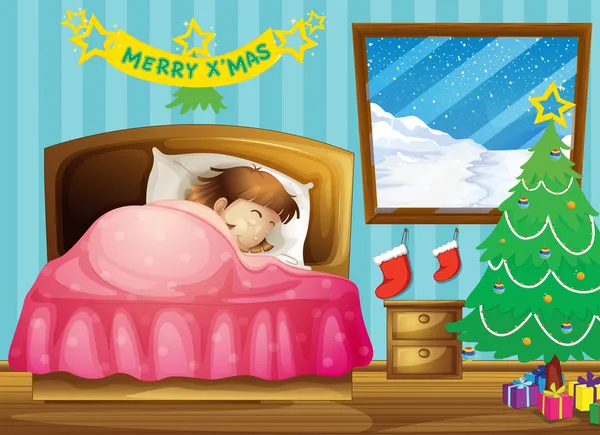 Девушка спит в своей комнате с рождественской елкой — стоковый вектор