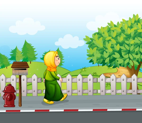 An old woman walking at the streetside with a mailbox — Stock Vector