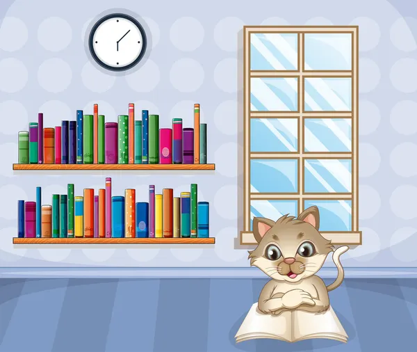 Μια γάτα, διαβάζοντας ένα βιβλίο μέσα στο σπίτι — Διανυσματικό Αρχείο
