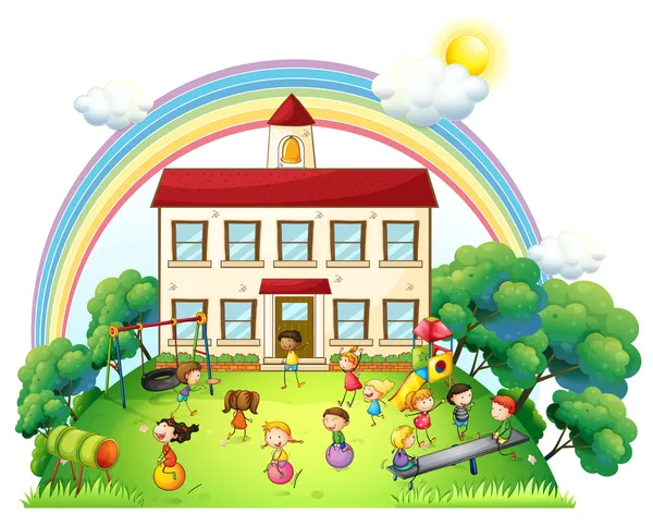 Children playing in front of the school — Stock Vector