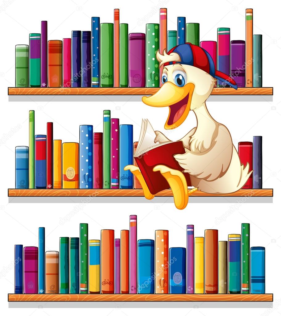 A library with a duck reading