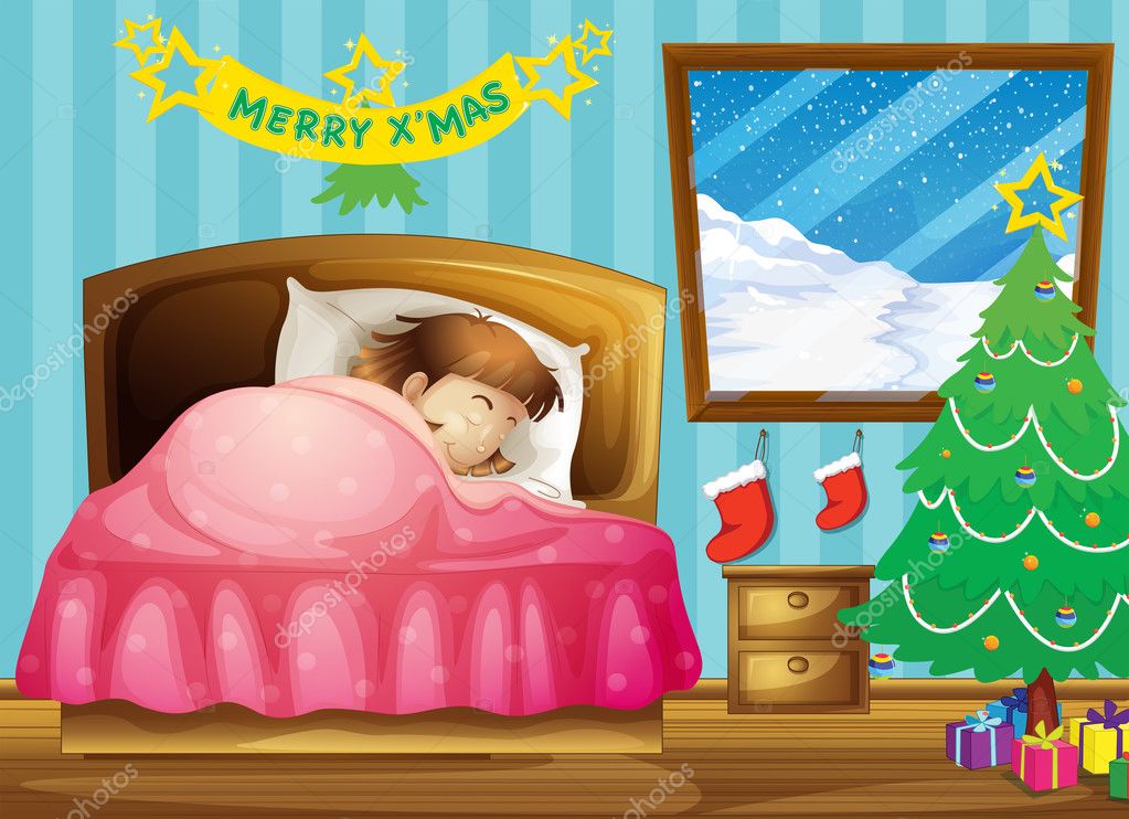 A girl sleeping in her room with a Christmas tree — Stock Vector