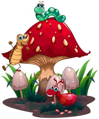 A mushroom surrounded with different insects vector A mushroom surrounded with different insects vector