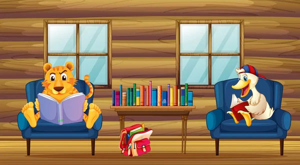 一只老虎和一只鸭子在屋子里读 — 图库矢量图片