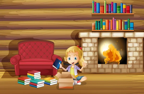 Una chica arreglando sus libros cerca de la chimenea — Vector de stock