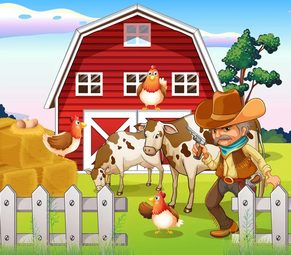 Un viejo vaquero armado en la granja con un granero rojo — Vector de stock