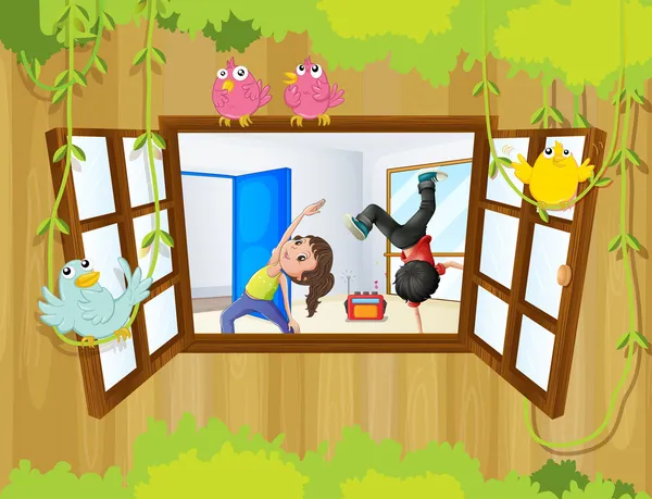 Ein Mädchen und ein Junge üben in einem Raum mit Vögeln im Wind — Stockvektor
