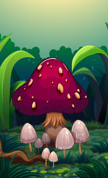 A giant mushroom surrounded with small mushrooms