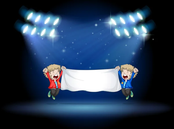 Два хлопці тримають прапор під прожекторами — стоковий вектор