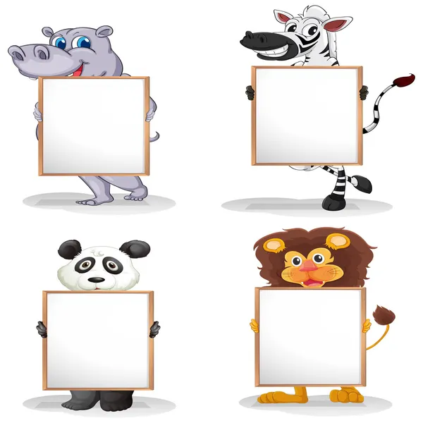 Vier verschillende dieren met lege whiteboards — Stockvector