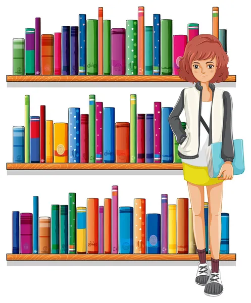A lady holding a book standing in front of the bookshelves — Stock Vector