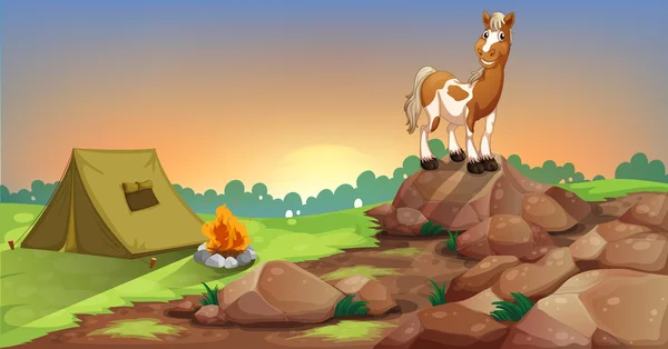 Un cavallo sopra una roccia vicino a una tenda da campeggio — Vettoriale Stock