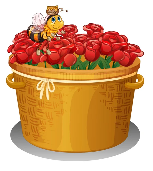 A bee at the basket full of red roses — Stock Vector